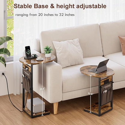Vagusicc C Shaped End Table with Charging Station, Adjustable Height Side Table for Couch, 32" Tall End Table Small Couch Side Table, Slide Under Sofa TV Tray Snack Arm Tables for Living Room, Brown