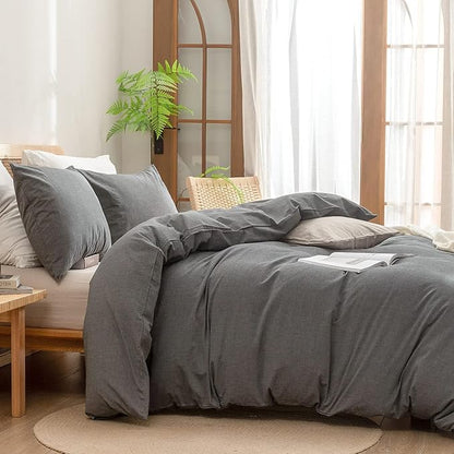 BESTOUCH Duvet Cover Set 100% Washed Cotton Linen Feel Super Soft Comfortable Chic Lightweight 3 PCs Home Bedding Set Solid Dark Grey Full/Double