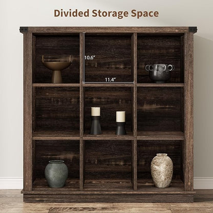 GarveeHome 9 Cube Storage Organizer Bookshelf, 4 Tier Farmhouse Horizontal Bookcase, 37.4 Inch Wood Storage Bookcase for Entryway, Long Low Bookshelves for Living Room-Black Oak