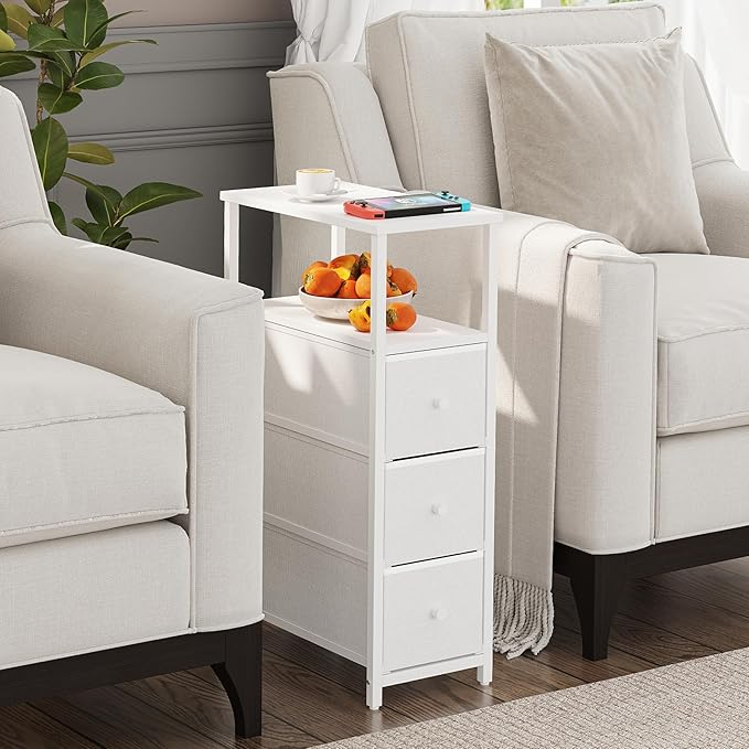 TUTOTAK Narrow Night Stand, Slim End Table, Tall Side Table with 3 Fabric Drawer, Small Bedside Table with Storage, Set of 2, for Living Room, Bedroom, White TB01BW072