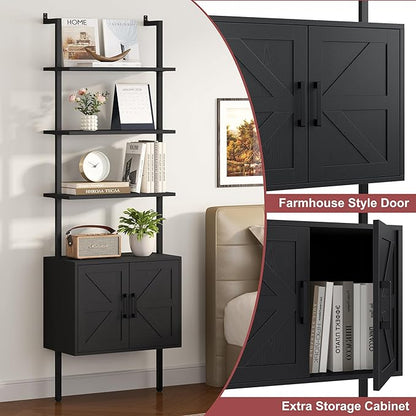 Yusong 73" Tall Bookshelf with Cabinet, Industrial Ladder Wall Mount Shelf Farmhouse Bookcase with Wood and Metal Frame, Plant Shelf Wall Storage Display for Living Room Bedroom, Farmhouse Black