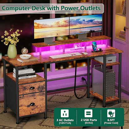 Furologee 61" Computer Desk with Power Outlet and LED Lights, Desk with Fabric File Cabinet Drawer, Large Reversible Table with Shelves and Monitor Stand, Writing Study Table for Home Office
