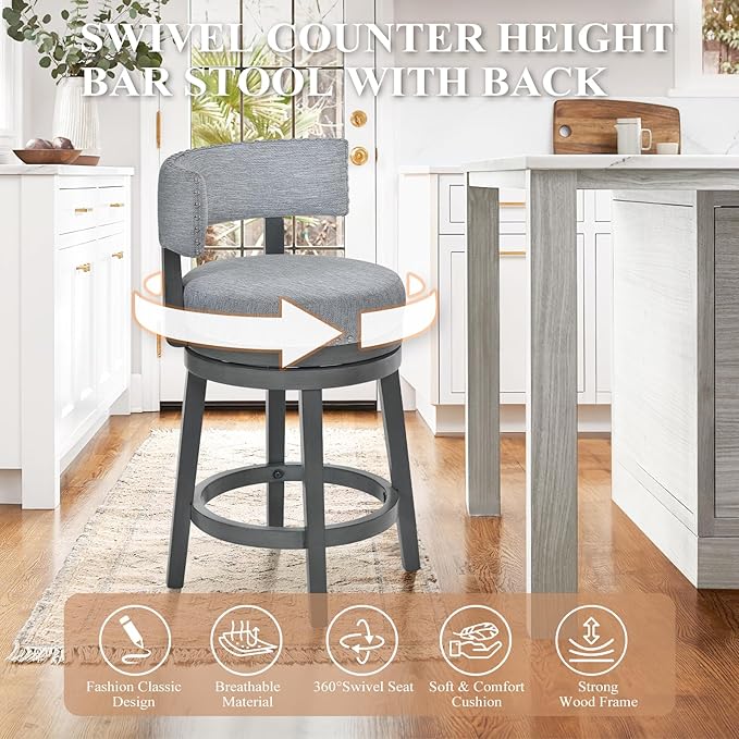 COLAMY Swivel Bar Stool Set of 2, Modern Swivel Barstool with Back, Counter Height Bar Stools, 25 Inch Upholstered Wood Barstool for Kitchen Island Dining Room Bar, Grey