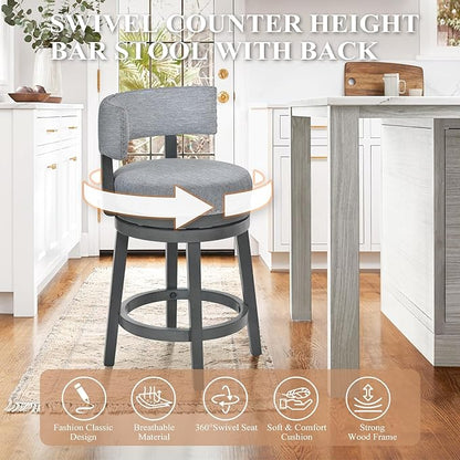 COLAMY Swivel Bar Stool Set of 2, Modern Swivel Barstool with Back, Counter Height Bar Stools, 25 Inch Upholstered Wood Barstool for Kitchen Island Dining Room Bar, Grey