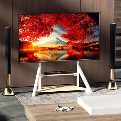 unho White TV Floor Stand with Wheels Shelves for 65 to 100 inch Large LCD/LED Flat Curved Screen up to 220lbs, Adjustable Heights TV Mount Stands VESA 800x600mm, Rolling TV Stand for Bedroom Office