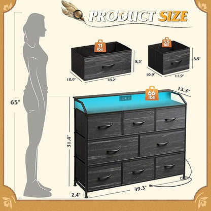 WLIVE Led Dresser for Bedroom, TV Stand for Bedroom with LED Lights and Power Outlet, Wide Chest of Drawers for Hallway, 8 Fabric Drawers for Living Room and Entryway, Charcoal Black Wood Grain Print