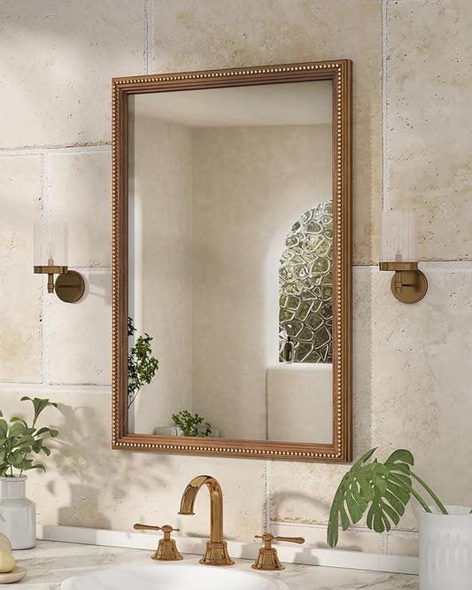 Axeman 24x36 Wood Wall Mirror, Rustic Bathroom Mirror, Vintage Wall Mounted Mirror Tempered Glass with Beaded Wooden Frame for Farmhouse Living Room Vanity Bedroom Entryway, Bronze