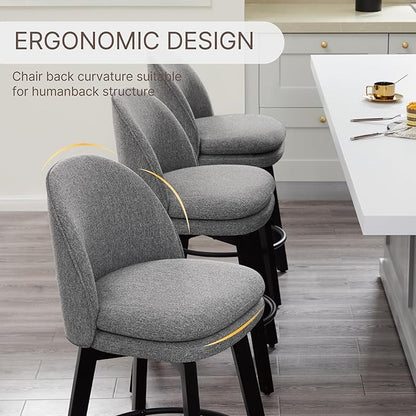 Counter Height Barstools 26 inch Upholstered Swivel Bar Stools with Back and Wood Legs for Kitchen Island,Set of 3,Dark Grey Fabric-Armless