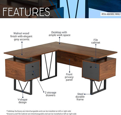 Techni Mobili Reversible L Shaped Desk with File Cabinet and Drawers 59” W – Modern Versatile L Shaped Office Desk with Drawers and File Cabinet - Brown