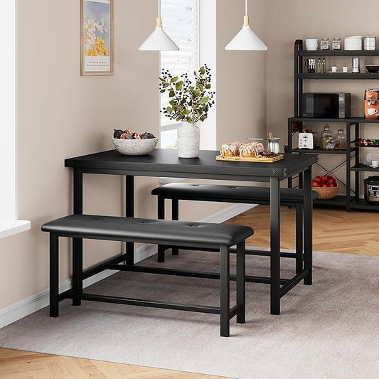 Dining Table Set for 4, Kitchen Table with 2 Upholstered Benches, 3-Piece Dining Room Set for Kitchen, Apartment and Small Spaces, Black
