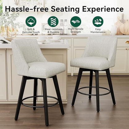 Vipbear Swivel Counter Height Bar Stools Set of 4,26.8" H Counter Stools with Back, Mid Century Modern Bar Stools for Kitchen Island,Linen Fabric,Wooden Base, White