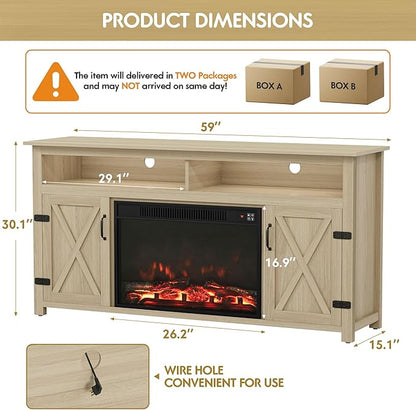 YESHOMY Fireplace TV Stand for Television up to 65+ Inch with Storage and Farmhouse Barn Doors, Entertainment Center with Cabinet and Shelves, Media Console for Living Room, Oak