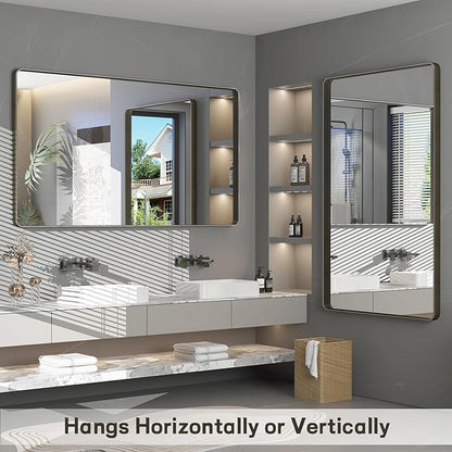 48x32 Bronze Framed Bathroom Mirror, Brushed Bronze Metal Vanity Mirror, Bronze Rectangle Mirror for Wall, Rounded Corner, Tempered Glass, Anti-Rust, Shatterproof (Horizontal/Vertical)