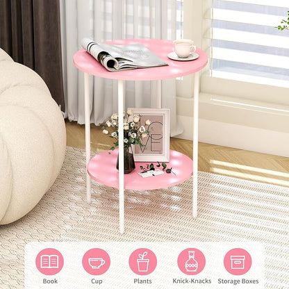 Side Table,Round End Table with 2 Storage Shelves| Compact Side Tables for Living Room, Couch, Office & Bedroom | Narrow Accent Table as Space-Saving Small Bedside Table 18x18x22in (Pink)