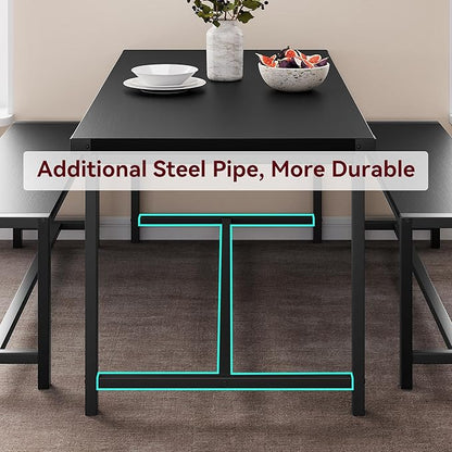 Dining Table Set for 4 with 2 Benches, 3-Piece Kitchen Table Set, Space-Saving Dining Set for Kitchen, Dining Room, Black