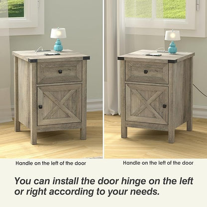 Rustic Nightstand with Charging Station, Night Stand with Barn Door and Drawer, Storage Bedroom Living Room Bedside Table Farmhouse End Table Industrial Bedside Table with USB Ports and Outlets，Grey