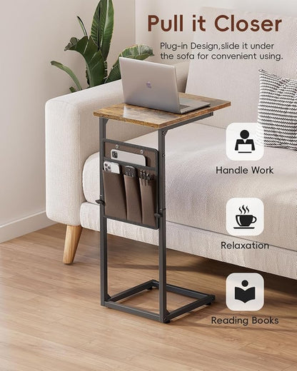 Vagusicc C Shaped End Table, 33"Tall Side Table for Couch, Adjustable Height Sofa Table Small Couch Side Tables, Slide Under Recliner TV Tray Arm Tables with Metal Frame for Living Room,Bedroom,Brown