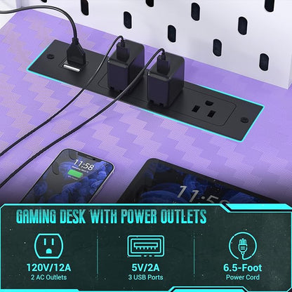 Gaming Desk with Hutch and LED Lights, Gaming Computer Desk with Power Outlets, Gamer Desk with Storage Shelves & Pegboards for Bedroom, Carbon Fiber Purple, 43"