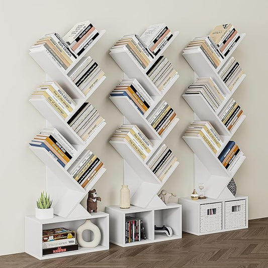 Vagusicc Tree Bookshelf, 6 Tier Bookshelf with Storage, Tall Narrow Bookcase, Rustic Wood Book Storage Rack for CDs/Books, Small Book Organizer Shelves for Bedroom, Living Room, Home Office, White