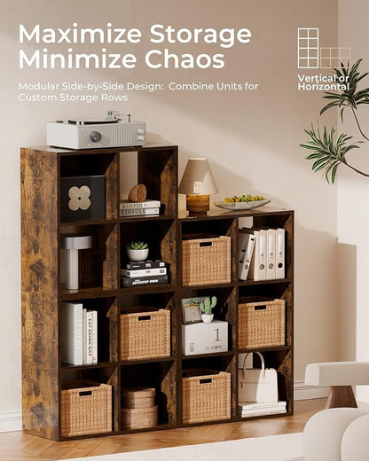 GTPLAYER 4-Cube Storage Organizer, Fits 11" Bins, Vertical or Horizontal Use, Opening Bookshelf, Partial Back Panels, Stackable Design Bookcase, for Desk, Vanity, Entryway, Rustic Brown