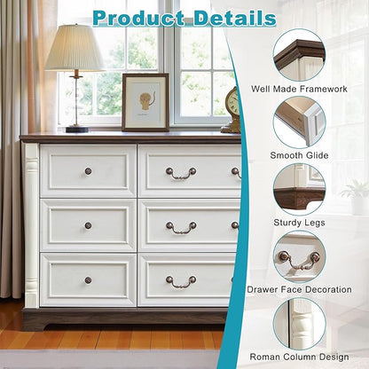 Farmhouse 6 Drawers Dresser for Bedroom, 47.24" Wide Wood Rustic Chest of Drawers with Roman Metal Handle, Tall Storage Dressers Organizer for Bedroom, Living Room, Hallway, Antique White