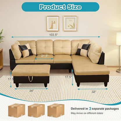 Couches for Living Room Modern L Shaped Couch Comfy Lint Fabric 3 Pieces Sectional Sofa with Chaise, Ottoman with Storage for Office and Small Apartment, Beige and Brown