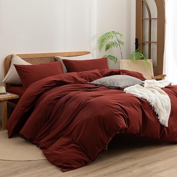 BESTOUCH Duvet Cover Set 100% Washed Cotton Linen Feel Super Soft Comfortable Chic Lightweight 3 PCs Home Bedding Set Solid Fired Brick Red King