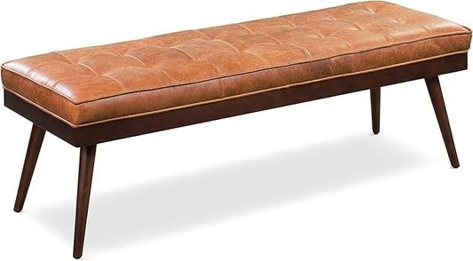 POLY & BARK 55" Tufted Leather Bed Bench for Bedroom End of Bed - Living Room Entry Way Bench - Pure Italian Leather Upholstery with a Solid Wood Frame - Ottoman Bench with Wooden Legs - Cognac Tan
