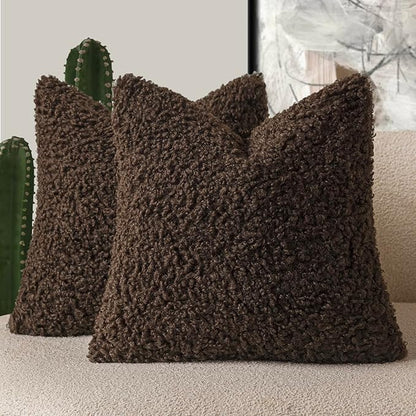 Foindtower 2 Pieces 16x16 Inch Dark Brown, Faux Fur Throw Pillow Cover Accent Sherpa Furry Pillow Covers Fuzzy Soft Pillowcases Cozy Sheepskin Decorative Fleece Cushion Case for Bed Couch Living Room