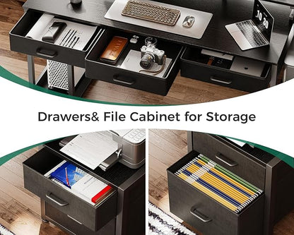 AODK 55 Inch Computer Desk with 3 Drawers and File Cabinet for Storage, Office Desk with Monitor Stand and LED Lights, Home Office Desks, Black