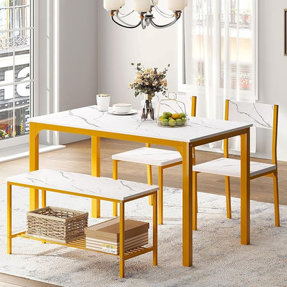 sogesfurniture 4-Piece Bench Style Dining Table Set, 4-Person Space-Saving Dinette for Kitchen，43'' Wood Kitchen Table & Chair Set for Breakfast Nook and Small Space, Glod&White