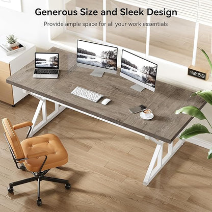 LITTLE TREE 70.8-Inch Large Executive Desk, Modern Computer Office Desk, Wooden Writing Desk Study Table for Home Office, Grey-White