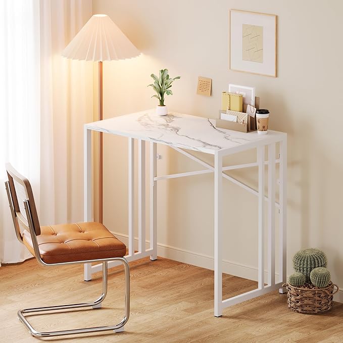 35 inch Folding Small Desk, Writing Gaming Computer Camping Desk for Small Spaces, No Assembly Required Home Office Table, White Marble
