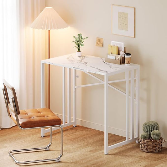 35 inch Folding Small Desk, Writing Gaming Computer Camping Desk for Small Spaces, No Assembly Required Home Office Table, White Marble