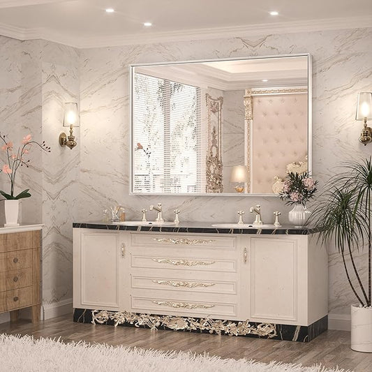 Keonjinn 48 x 36 Inch Silver Bathroom Mirror for Over Sink Large Rectangle Wall Mirror Brushed Metal Framed Square Corner Vanity Mirror Wall Mounted Rectangular Farmhouse Mirror(Horizontal/Vertical)