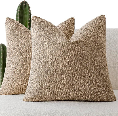 Foindtower Set of 2, Decorative Textured Boucle Throw Pillow Covers Accent Solid Pillow Cases Soft Cozy Couch Cushion Case for Chair Sofa Bedroom Living Room Home Decor 16 x 16 Inch Taupe Khaki Camel