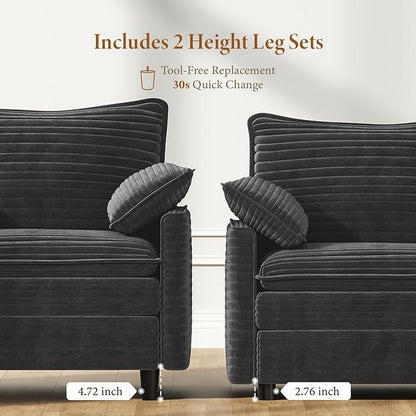 Vesgantti 74" Loveseat Sofa for Living Room, Comfy Cloud Couch Deep Seat Corduroy Modern 2 Seater Small Sofa with Armrest Pillow, Easy Assembly for Small Spaces, Gray