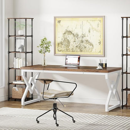 Tribesigns 63 Inch Executive Desk, Large Office Desk with Metal Frame, Ergonomic Writing Desk Computer Workstation, Modern Wood Computer Desk for Home Office, Easy Assembly (Brown+White)