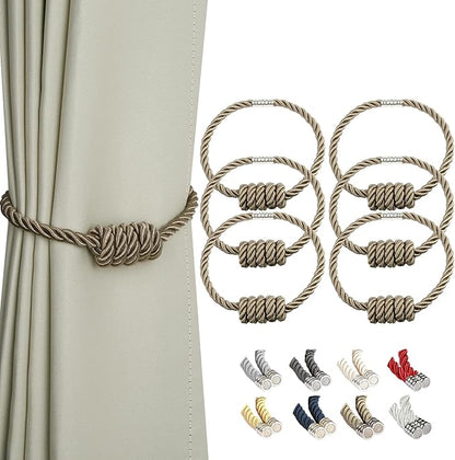 BEL AVENIR Magnetic Curtain Tiebacks, Decorative Drapery Holdbacks Modern Woven Tie-Backs with Exquisite Knot (Flaxen, 6 Pack)