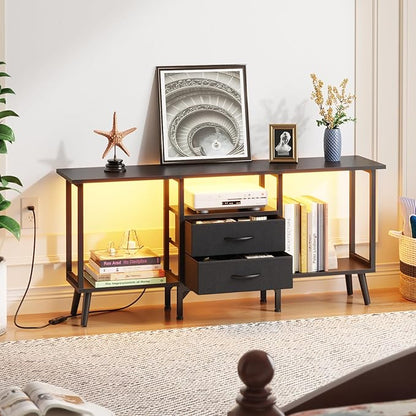 Small TV Stand with Fabric Drawers/LED Light for 55 inch TV, Entertainment Center with Storage Open Shelves，Media Console Table for Living Room, Bedroom, Black