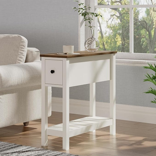 ChooChoo Narrow End Table, Small Side Table for Small Spaces, Slim End Table with Drawer, Narrow Nightstand Bedside Table for Living Room Bedroom, White, 2 Pack