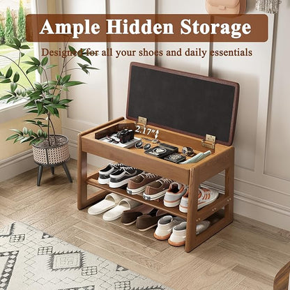 Shoe Rack Bench Seat Rubberwood 2-Tier Wooden Storage Bench 550lbs Compact Mid-Century Modern Design for Entryway, Hallway, Closet, Front Door Entrance, Foyer