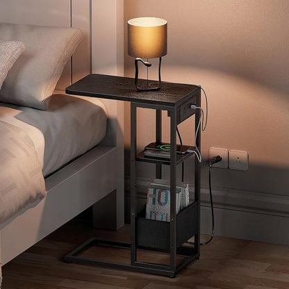 C Shaped End Table with Charging Station, Small Side Table for Couch Recliner, Slide Under Sofa Desk Snack Tables with Storage Bag & AC / USB Outlet, Small Spaces Drink Tables for Living Room, Bedroom