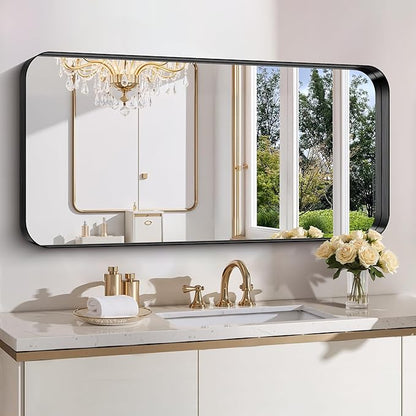 FORBATH 24x48 Inch Bathroom Mirror, Brushed Black Deep Frame Narrow Wall Mirror with Rounded Corners, Anti-Rust Tempered Glass for Modern Farmhouse Vanity (Horizontal/Vertical)