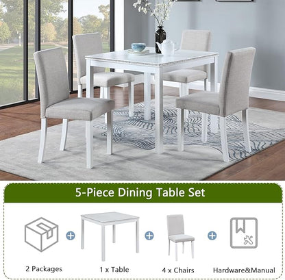 KEIKI 5-Piece Standard Height Dining Table Set with Square Table and 4 Upholstered Chair, for 4 Person, Modern Style Crystal Decoration Wood Table Set, Easy Assembly, for Kitchen, Dining Room, White