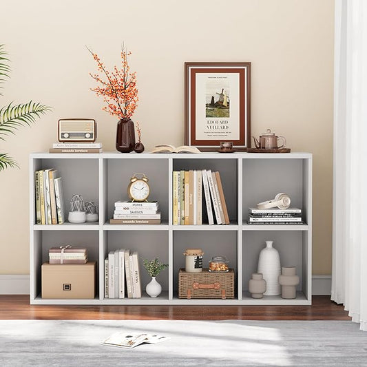 YESHOMY 8 Cube Bookcase, Open Frame 2-Tier Book Shelf, Bookshelf Storage Organizer with Adjustable Shelves for Organization, Room Decor, Milk White