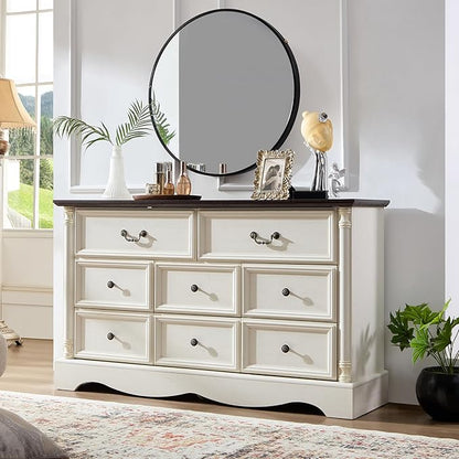 Farmhouse 8 Drawers Dresser for Bedroom with Charging Station, 54" Wide Wood Country Rustic Storage Dressers Organizer, Vintage Design Chest of Drawers TV Stand, Antique White