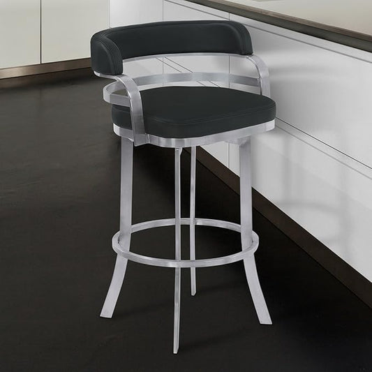 Armen Living Prinz 30" Bar Height Swivel Barstool in Black Faux Leather and Brushed Stainless Steel Finish