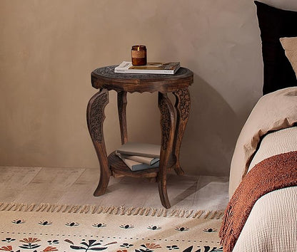 The Wooden Town Farmhouse Round Accent End Table,Rustic Side Table Nightstands for Living Room Bedroom,Coffee Tables,Wood Tray Top,Handcrafted Finish, 18"x22" - Burnt