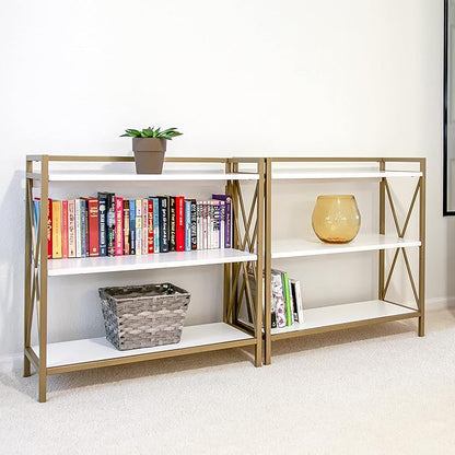 Leick Home Claudette Mixed Metal and Wood Bookshelf, White and Gold, Compact Storage for Small Spaces, 9261-WTGL